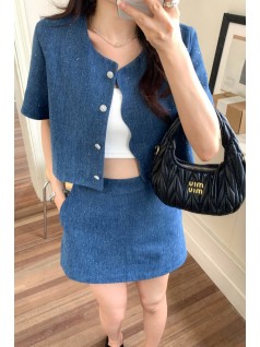 DE JACOB RHINESTONES DENIM SKORT IN BLUE