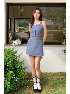 01' BELLE MAISON C' TWEED TOP IN DUSTY BLUE